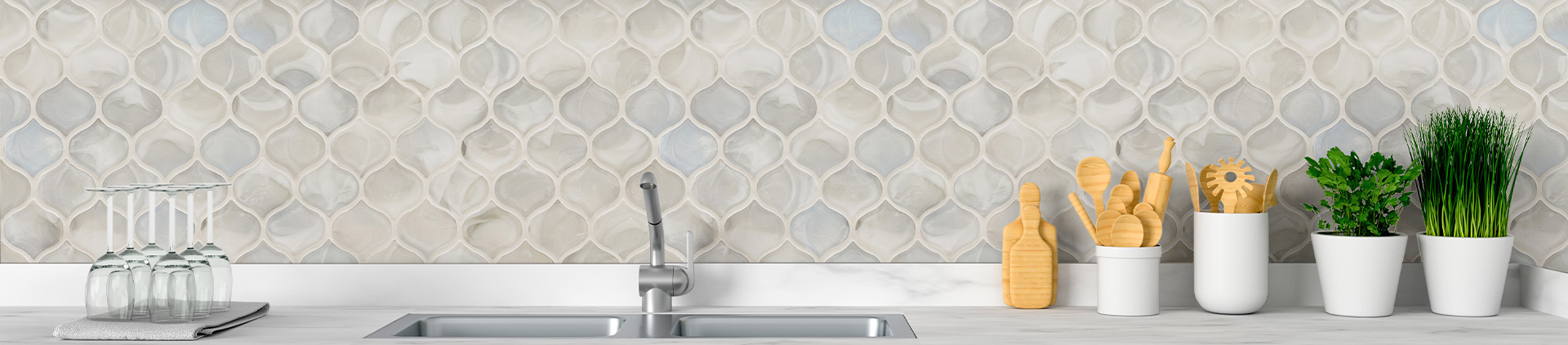 Modern glass tile backsplash with reflective surface